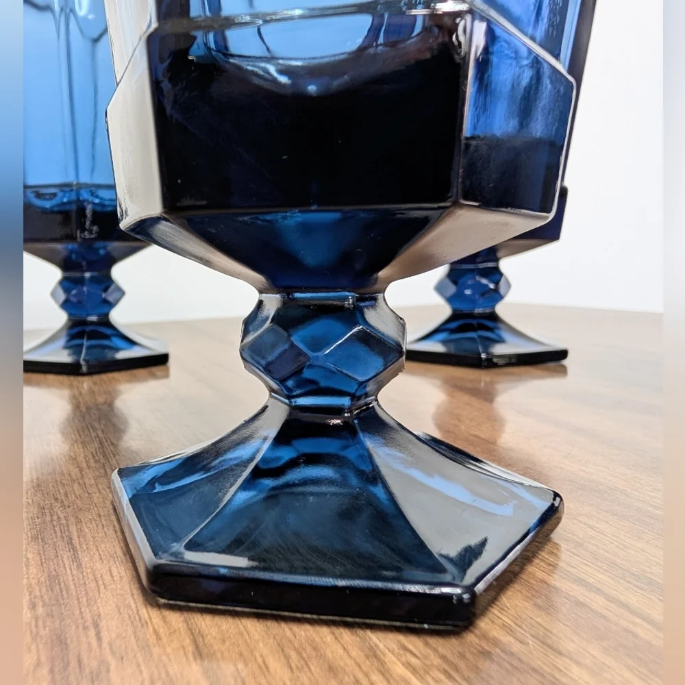 Set Of 4 Vintage 80s Dark Blue Virginia Pattern By Fostoria Ice Tea Glasses